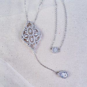 "Emily" Silver Ornate Dangling Necklace: Great For Backless Tops